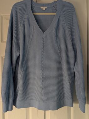 J. Jill Light Blue V-Neck Cable-Front Sweater